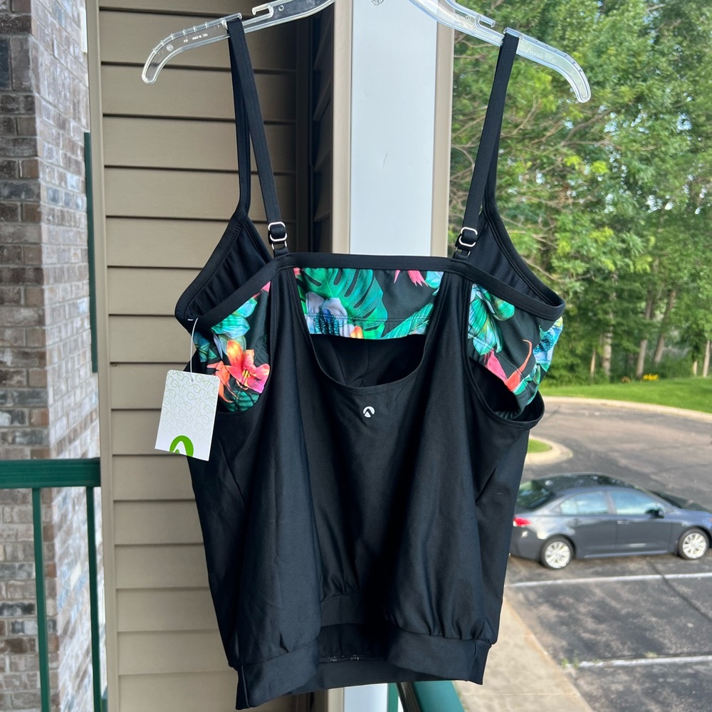 🌺🆕 Next Double Up Tankini Top Blue Hawaii Tropical Floral Black Straps Size 34DD - Picture 4 of 12